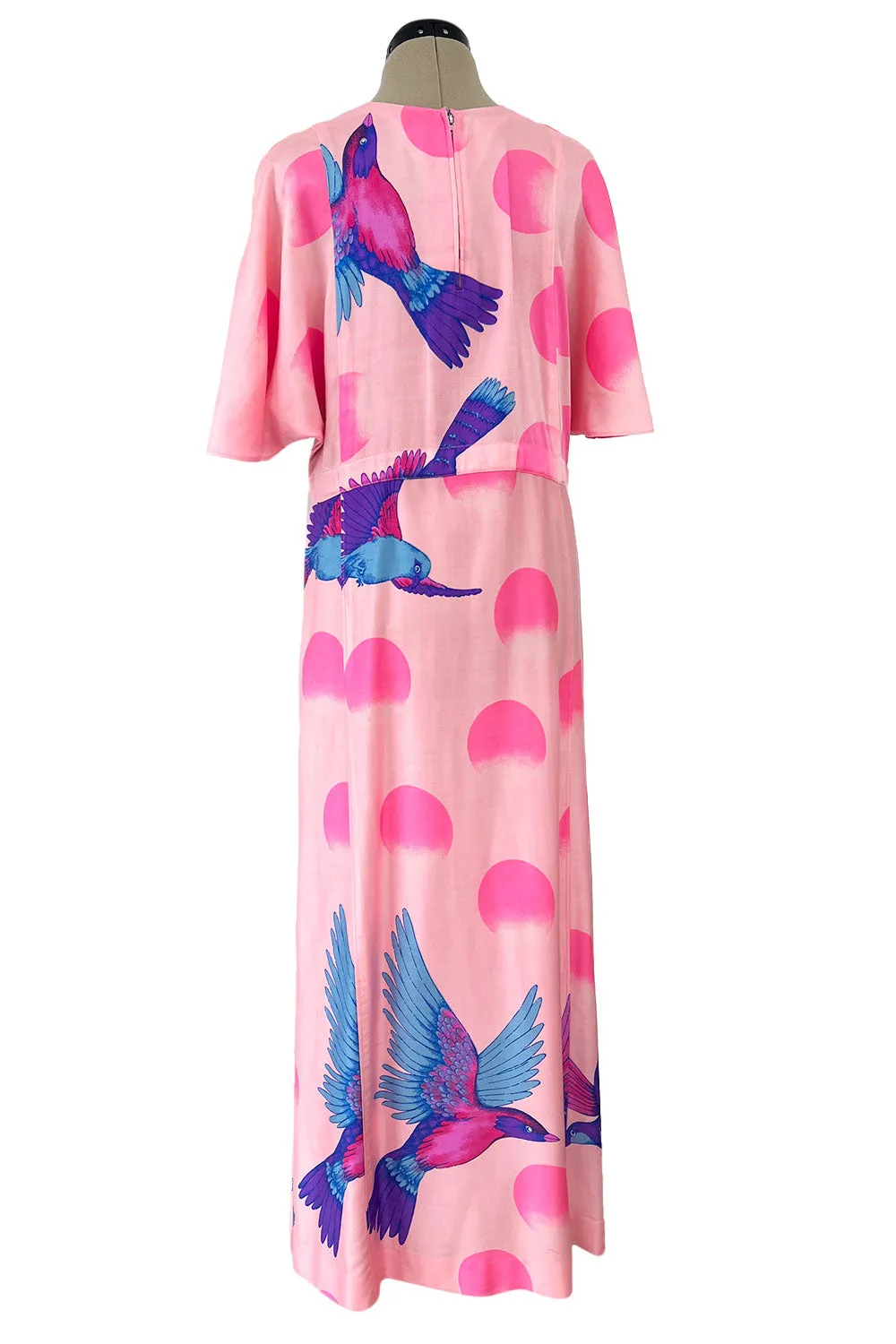 Prettiest 1970s Hanae Mori Pink Cotton Bird Print Dress w Wide Caped Sleeves