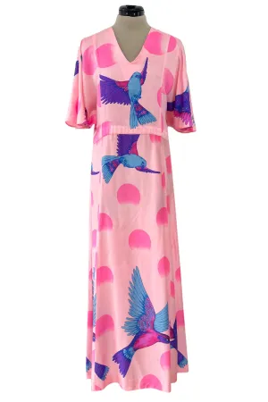 Prettiest 1970s Hanae Mori Pink Cotton Bird Print Dress w Wide Caped Sleeves