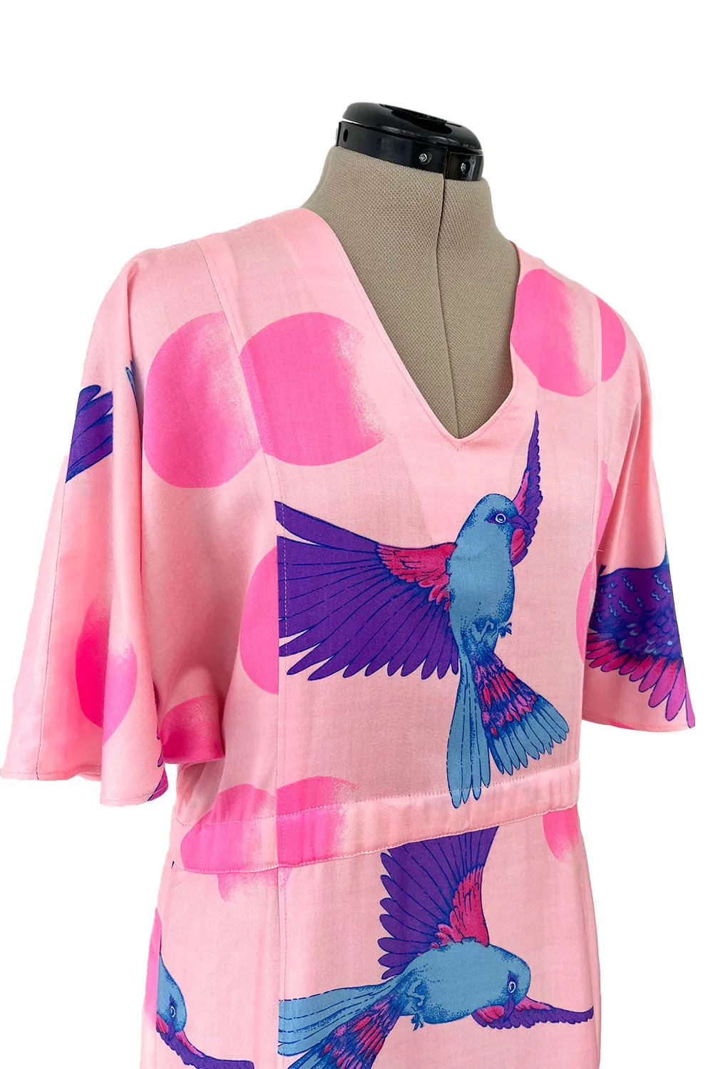 Prettiest 1970s Hanae Mori Pink Cotton Bird Print Dress w Wide Caped Sleeves