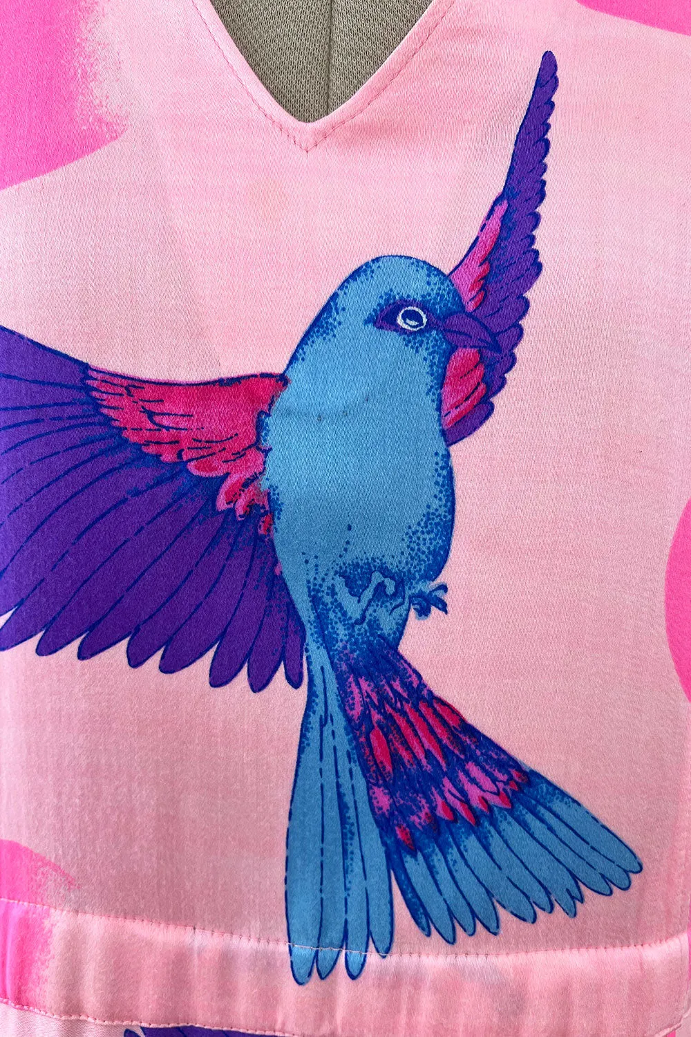 Prettiest 1970s Hanae Mori Pink Cotton Bird Print Dress w Wide Caped Sleeves