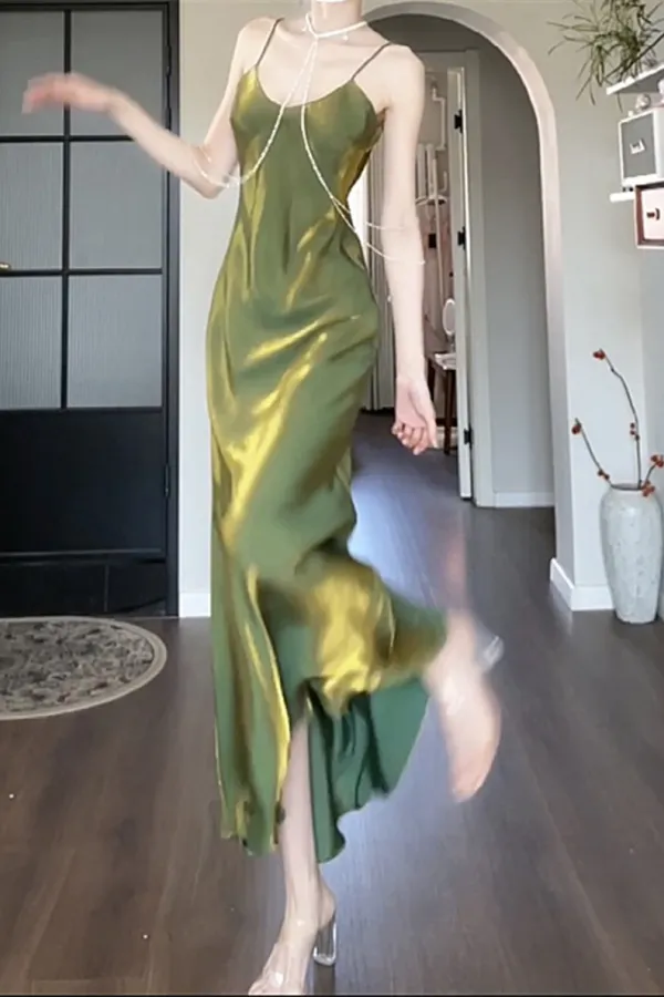 Pretty Green Straps Long Formal Dress, Green Satin Party Dress Evening Dress APP1034