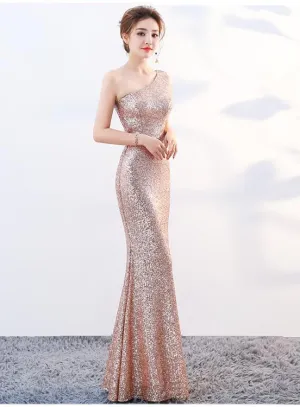 Pretty Mermaid Sequins One Shoulder Party Dress, Long Bridesmaid Dress