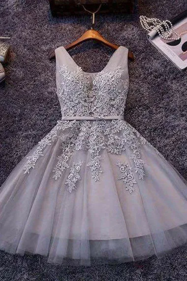 Princess Gray V-neck Lace Appliqued Homecoming Dress,Grey Tulle Short Prom Dresses OK302