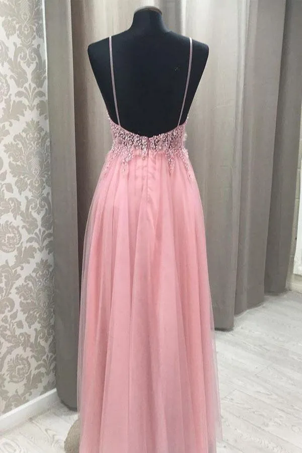 Princess Pink Beaded Tulle Long Prom Dress with Open Back PSK085