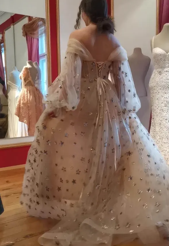 Princess Tulle Starry Prom Dress, Sparkly Off The Shoulder Stars Long Party Gown       fg560
