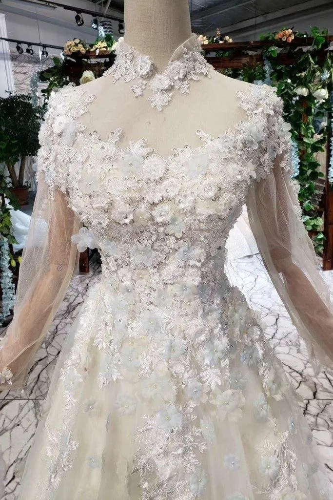 Prom Dresses Tulle High Neck Long Sleeves Handmade Flowers TP0856