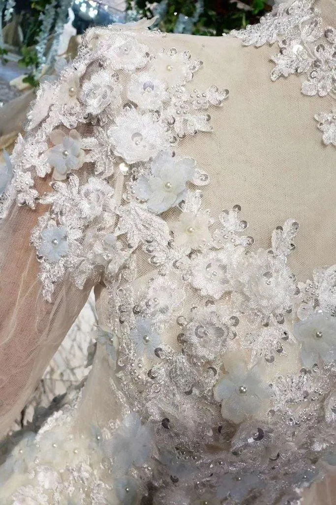 Prom Dresses Tulle High Neck Long Sleeves Handmade Flowers TP0856