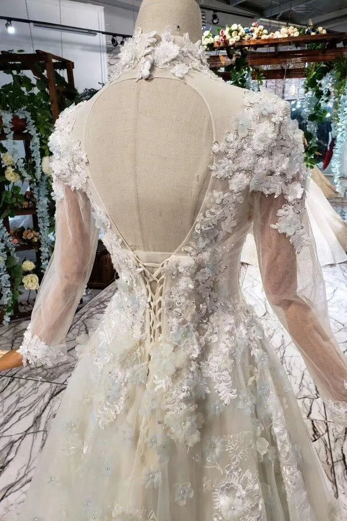Prom Dresses Tulle High Neck Long Sleeves Handmade Flowers TP0856