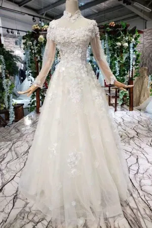 Prom Dresses Tulle High Neck Long Sleeves Handmade Flowers TP0856