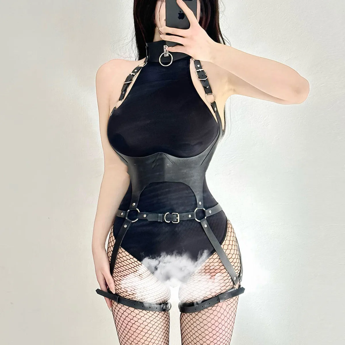 PU Belt   bodysuit Two-piece Set  KF70281