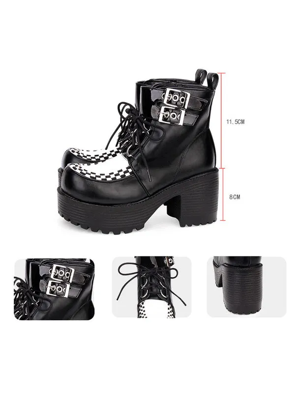 Punk Lolita Boots Metallic Buckle Lace Up PU Platform Checkered Black Lolita Booties