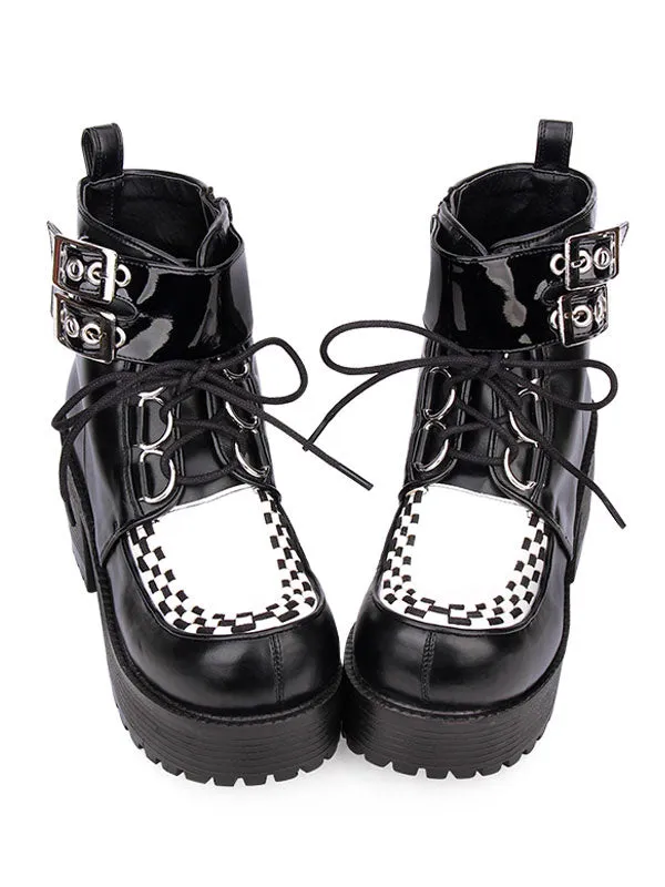 Punk Lolita Boots Metallic Buckle Lace Up PU Platform Checkered Black Lolita Booties