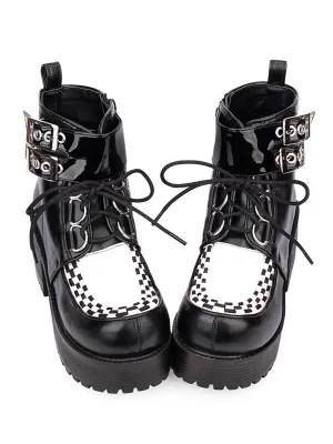 Punk Lolita Boots Metallic Buckle Lace Up PU Platform Checkered Black Lolita Booties