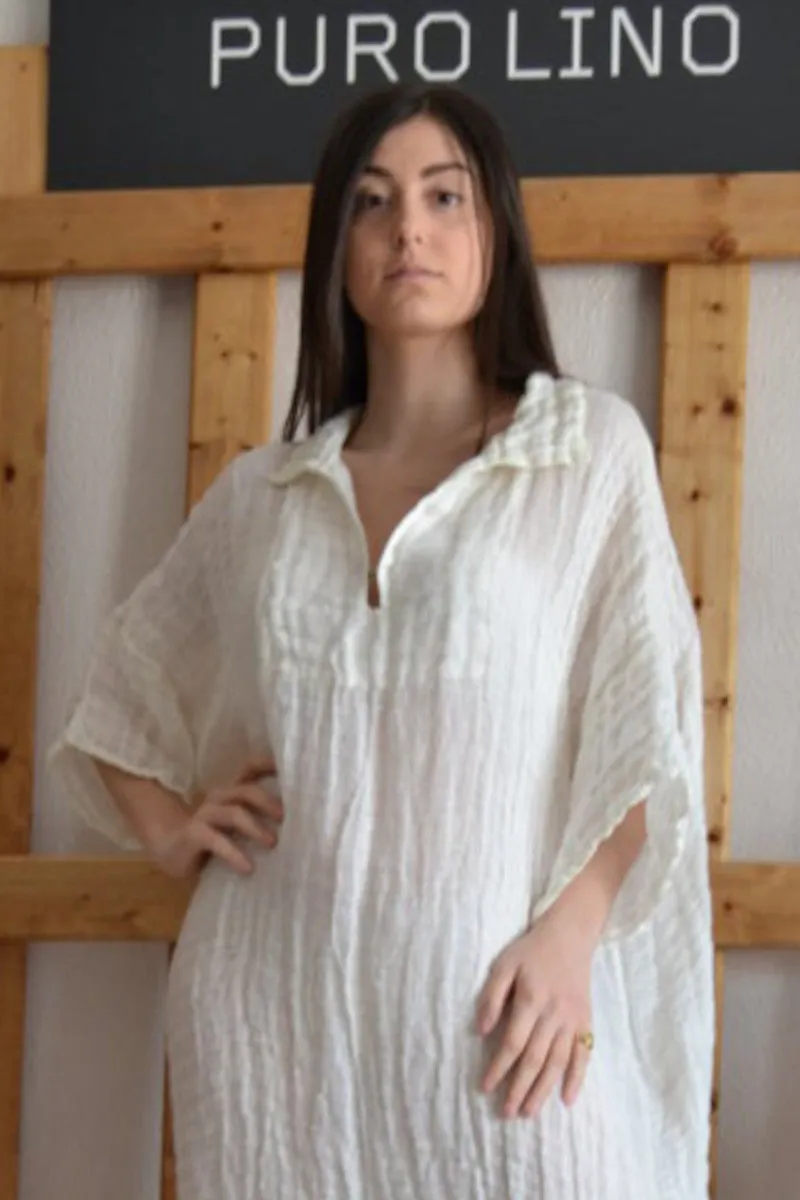 Pure Linen Handmade Positano Long white Dress with Collar