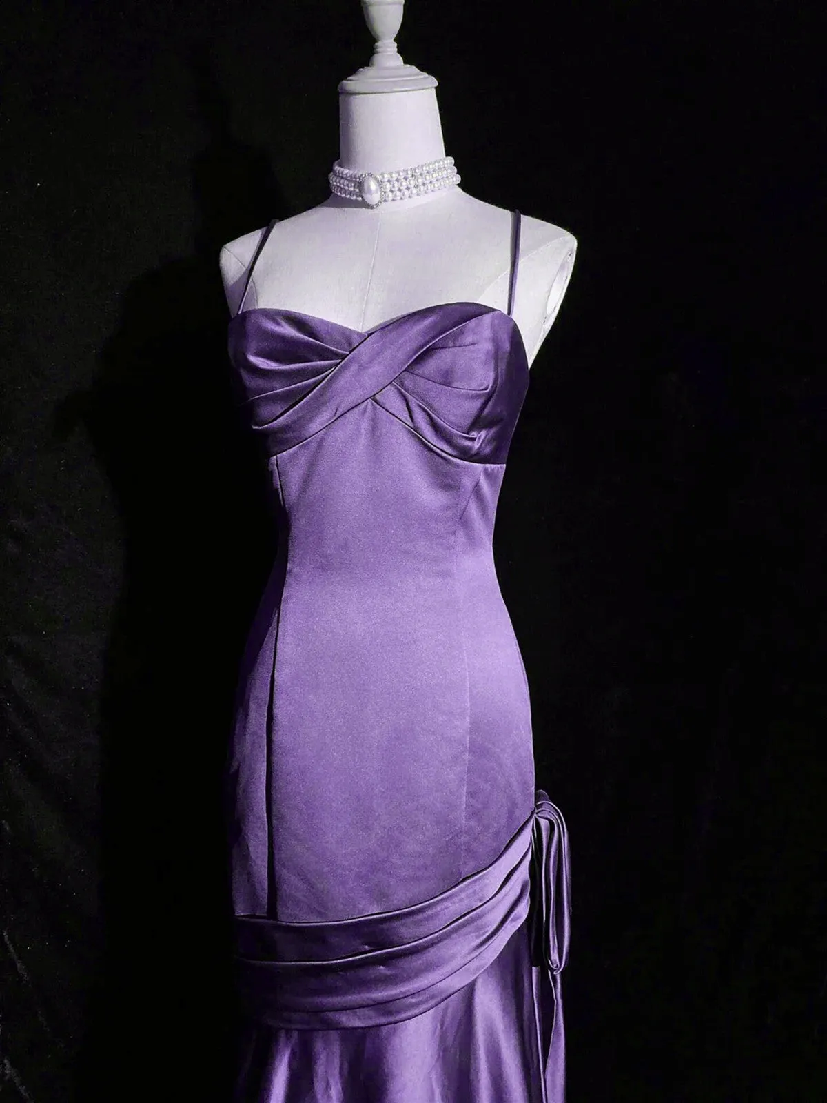 Purple A-line Mermaid Straps Evening Dress, Purple Satin Prom Dress Formal Dress