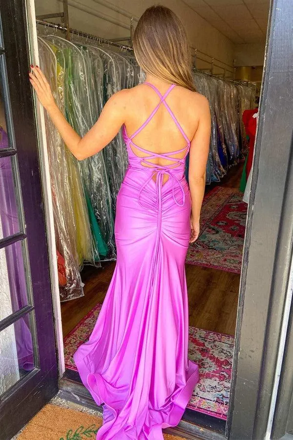 Purple V-Neck Backless Mermaid Long Prom Dress with Slit TP1180