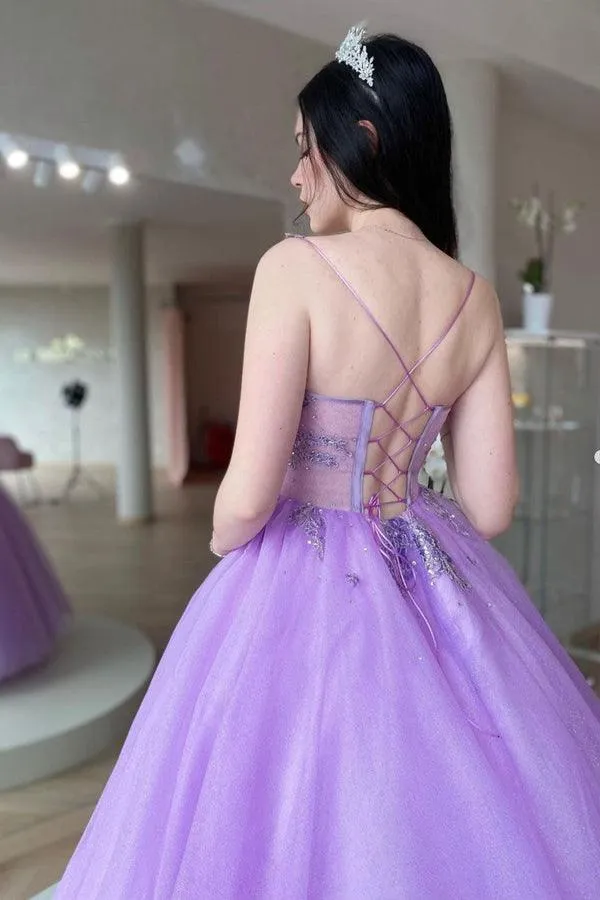 Purple V Neck Tulle Lace Long Prom Dress Purple Tulle Formal Dress TP1158