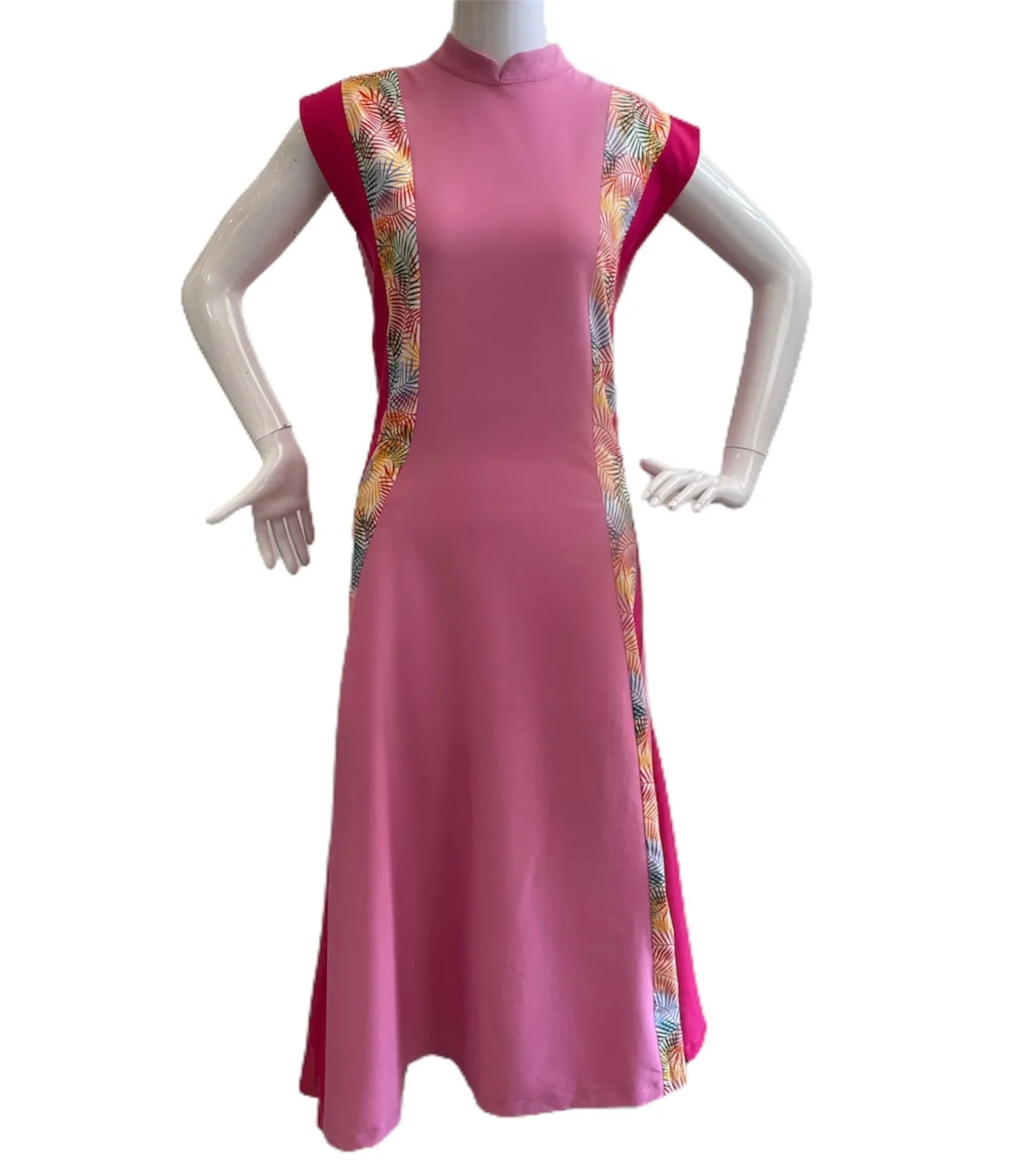 RAINBOW FERNS SIDE PANELS HANDMADE MODERN COTTON CHEONGSAM - MAUVE PINK OR AQUA BLUE