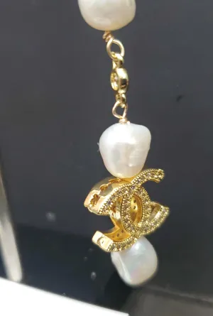 Ramina Pearls Gold Plated CC Symbol with 3 Pearls Earrings Above & One Below