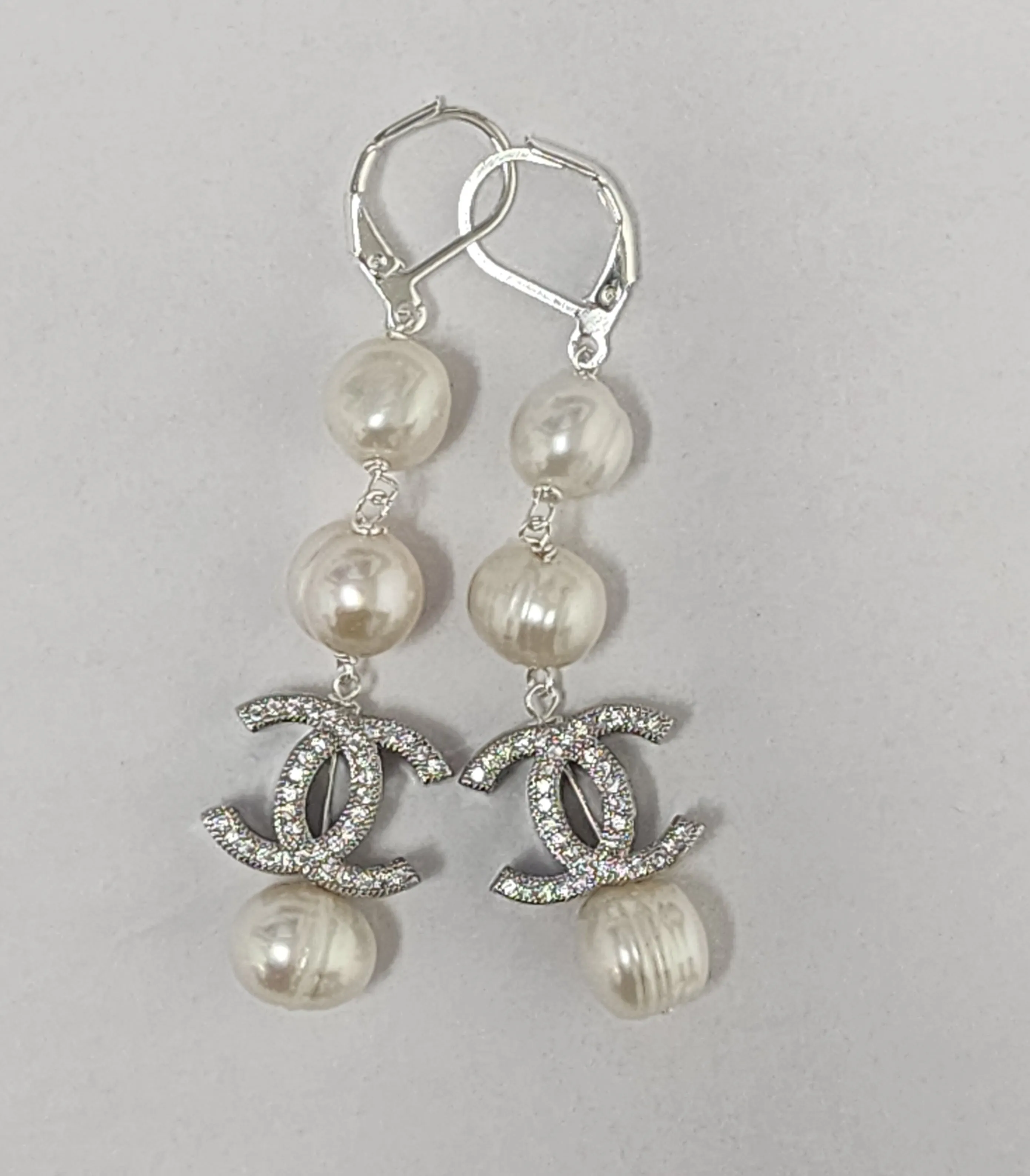 Ramina Pearls Gold Plated CC Symbol with 3 Pearls Earrings Above & One Below