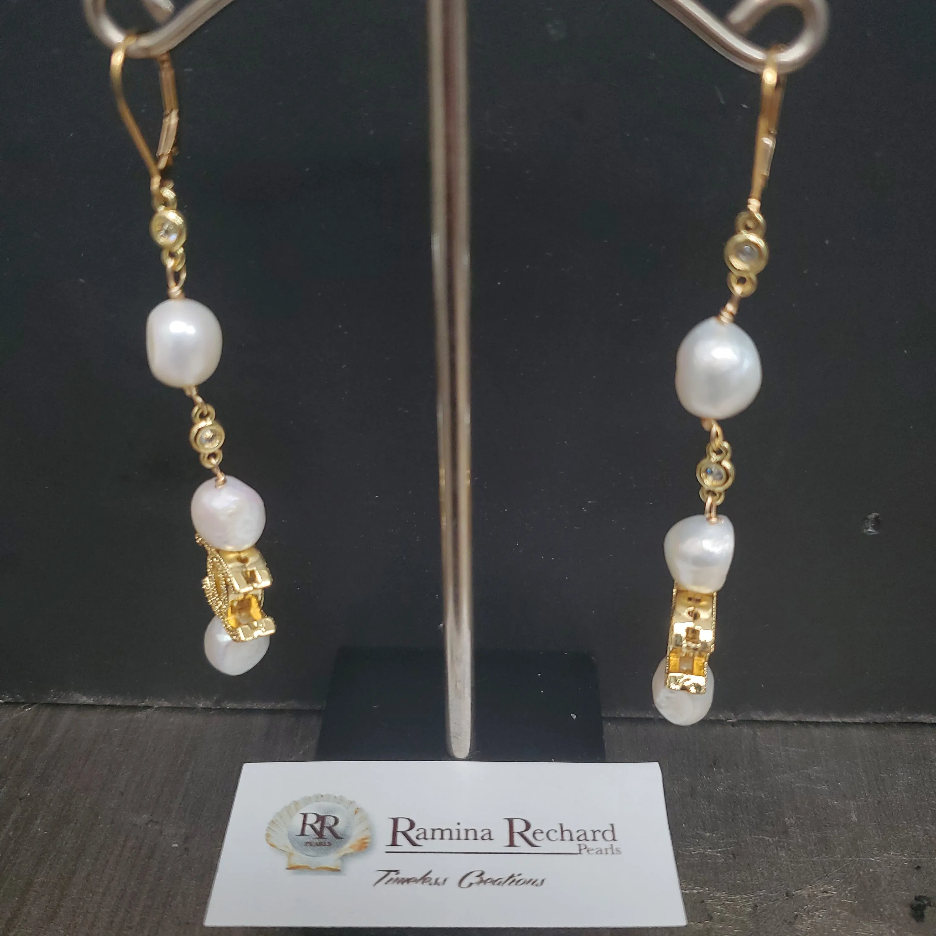 Ramina Pearls Gold Plated CC Symbol with 3 Pearls Earrings Above & One Below
