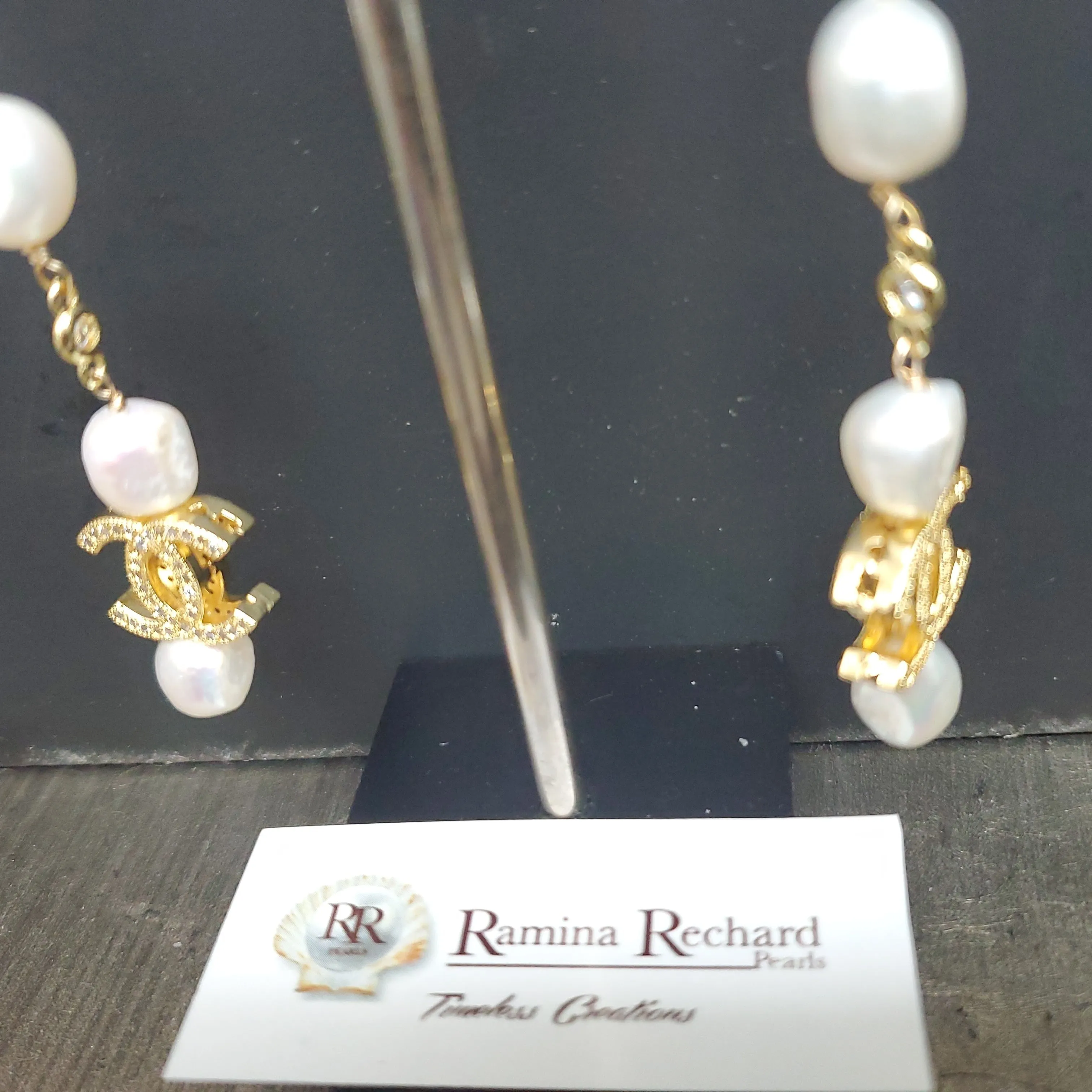 Ramina Pearls Gold Plated CC Symbol with 3 Pearls Earrings Above & One Below