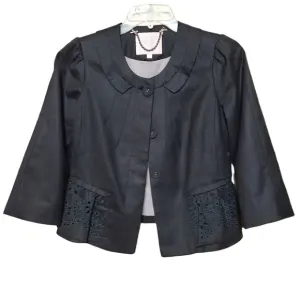 REBECCA TAYLOR Wool Crop Blazer Eyelet Peplum Detail Puff Shoulder Charc…