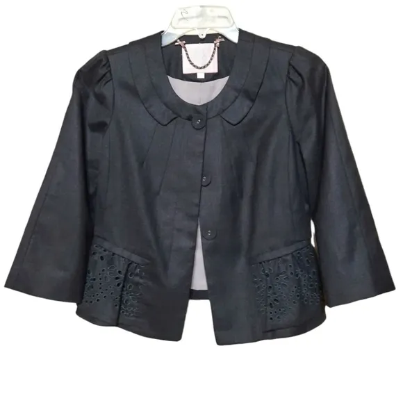 REBECCA TAYLOR Wool Crop Blazer Eyelet Peplum Detail Puff Shoulder Charc…