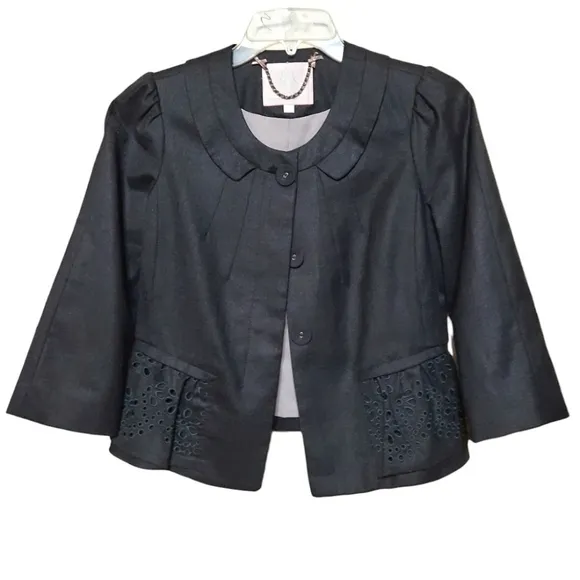 REBECCA TAYLOR Wool Crop Blazer Eyelet Peplum Detail Puff Shoulder Charc…
