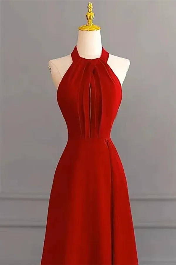 Red Halter A Line Simple Formal Dress, Long Evening Dress Party Dress APP1036