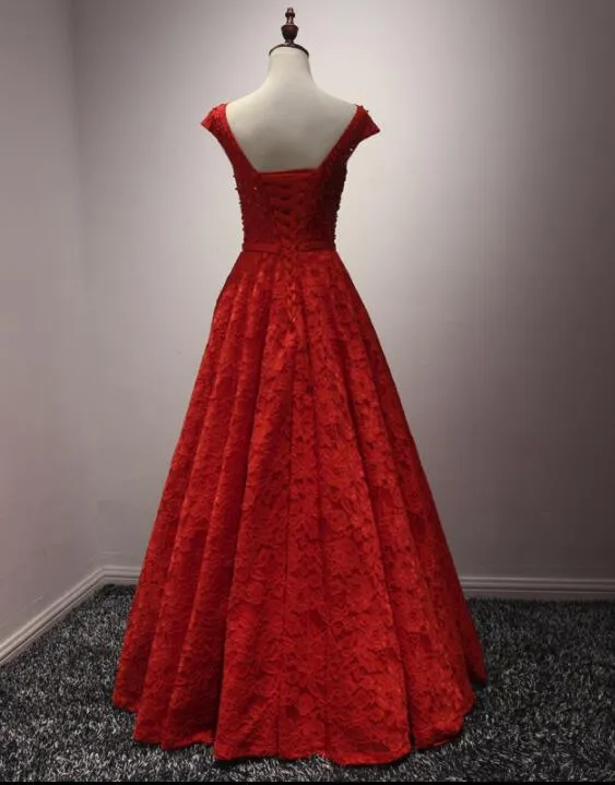 Red Lace Long A-line Elegant Handmade Beaded Prom Gowns, Red Evening Formal Dress, Lace Party Gowns