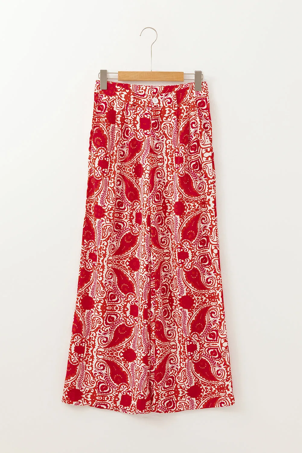 Red Paisley Printed Buttoned High Waist Straight Leg Pants