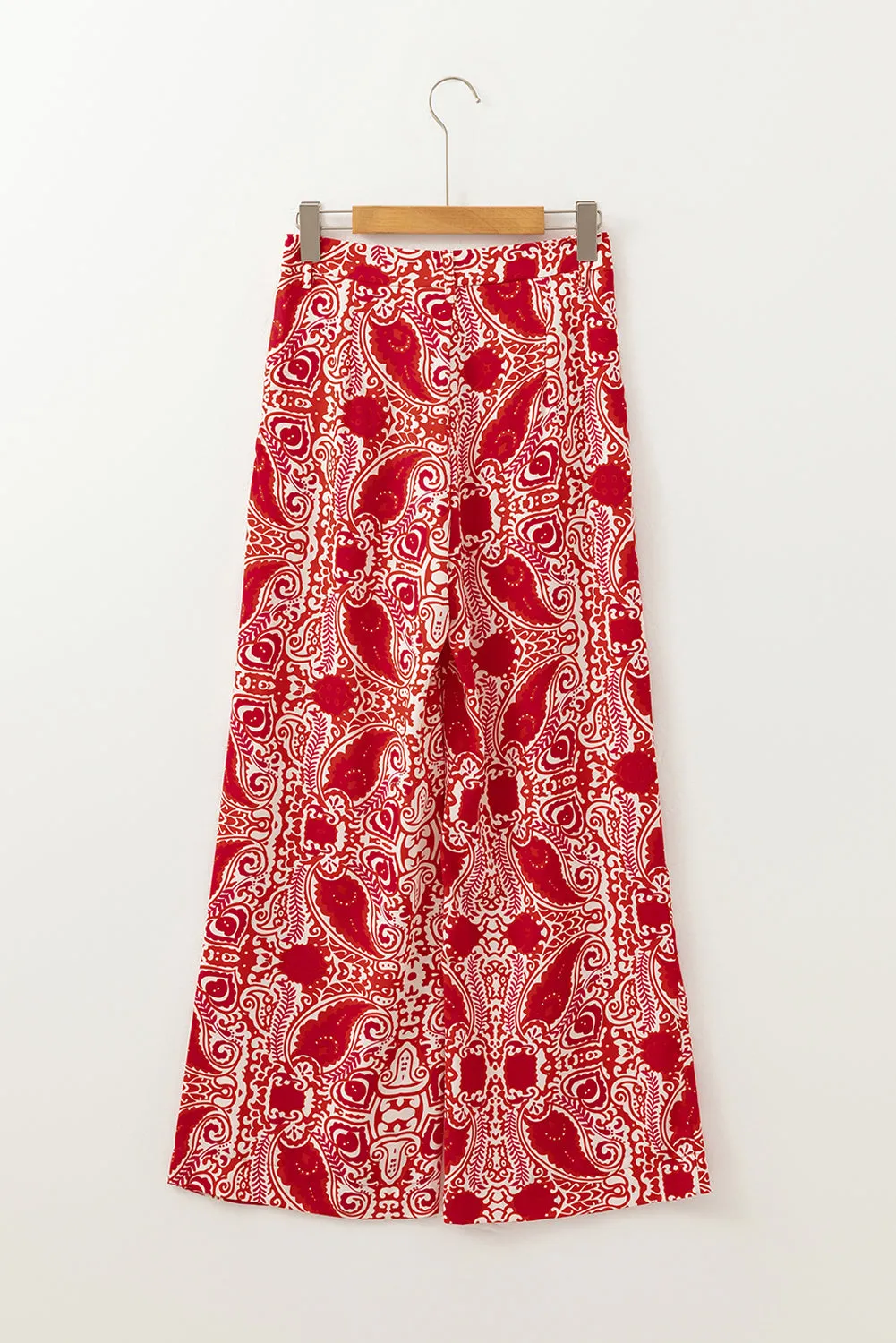 Red Paisley Printed Buttoned High Waist Straight Leg Pants