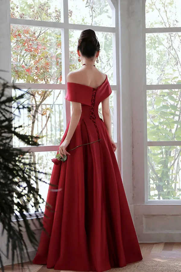Red Satin A Line Floor Length Prom Dress, Red Off Shoulder Evening Dress APP0952