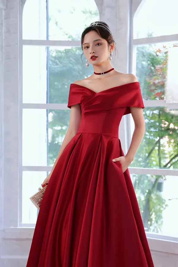 Red Satin A Line Floor Length Prom Dress, Red Off Shoulder Evening Dress APP0952