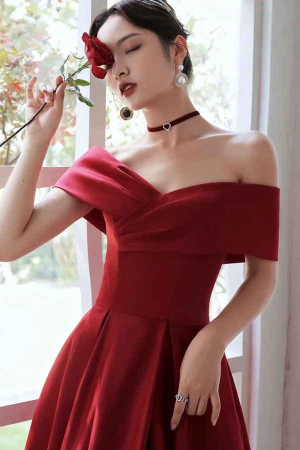 Red Satin A Line Floor Length Prom Dress, Red Off Shoulder Evening Dress APP0952