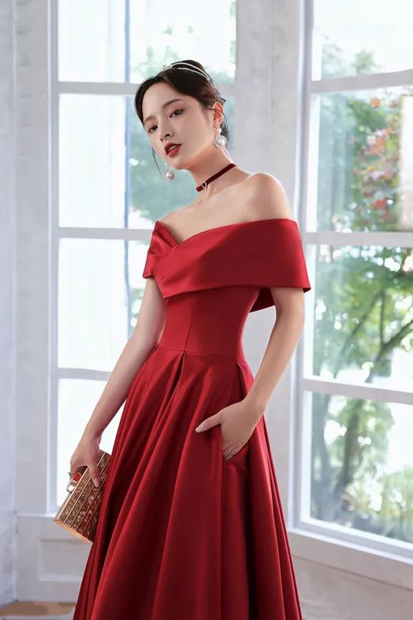 Red Satin A Line Floor Length Prom Dress, Red Off Shoulder Evening Dress APP0952