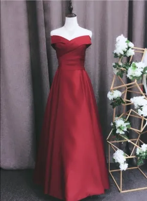 Red Satin A-line Off Shoulder Floor Length Party Dress, Red Evening Dress Prom Dress