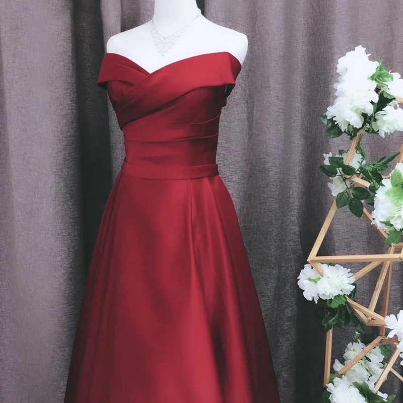 Red Satin A-line Off Shoulder Floor Length Party Dress, Red Evening Dress Prom Dress