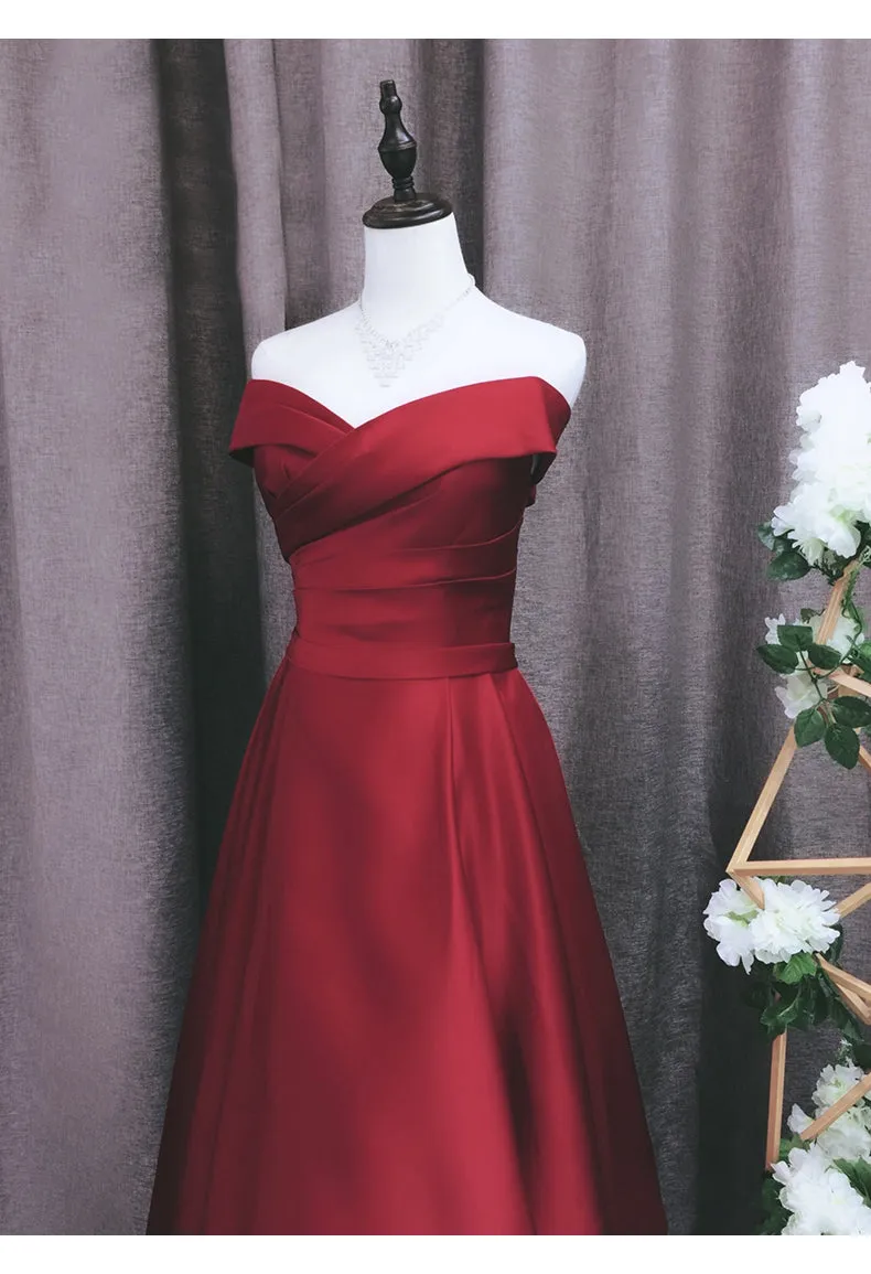 Red Satin A-line Off Shoulder Floor Length Party Dress, Red Evening Dress Prom Dress