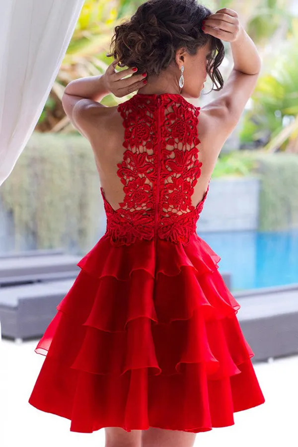 Red Short Prom Dresses, A-line Lace Scoop Neck Chiffon Tiered Homecoming Dresses, SH88