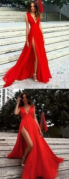 Red Split Deep V Neck Chiffon Sexy V Back Prom Dress Evening Dress  PG733