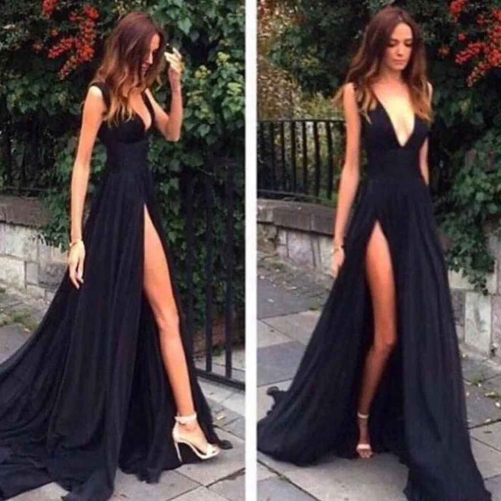 Red Split Deep V Neck Chiffon Sexy V Back Prom Dress Evening Dress  PG733