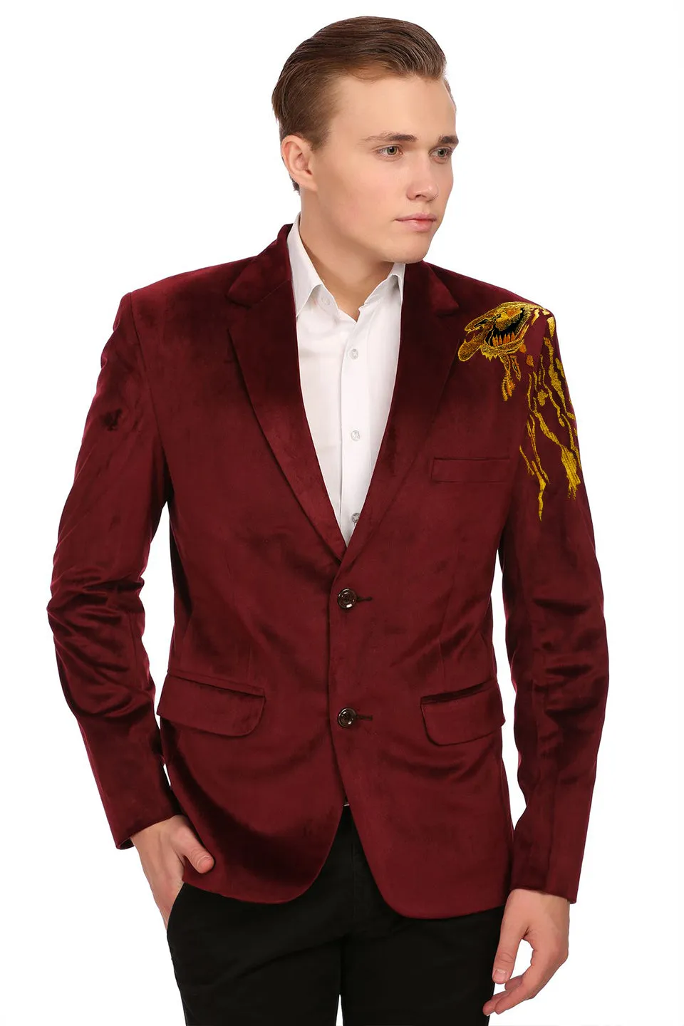 Red Velvet Blazer with Gold Embroidery