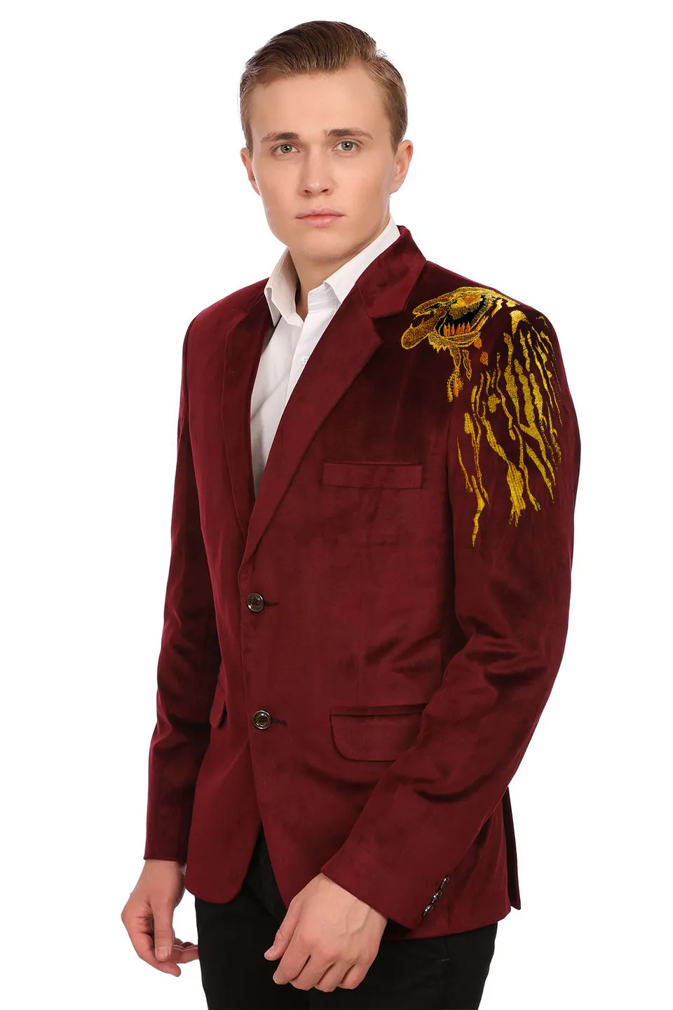 Red Velvet Blazer with Gold Embroidery