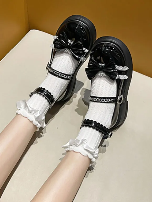 ROCOCO Style Lolita Footwear Black Ruffles Bows PU Leather Chunky Heel Lolita Pumps