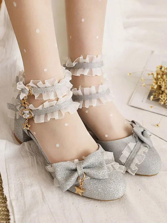 ROCOCO Style Lolita Footwear Light Sky Blue Ruffles PU Leather Chunky Heel Lolita Pumps
