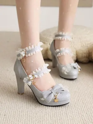 ROCOCO Style Lolita Footwear Light Sky Blue Ruffles PU Leather Chunky Heel Lolita Pumps