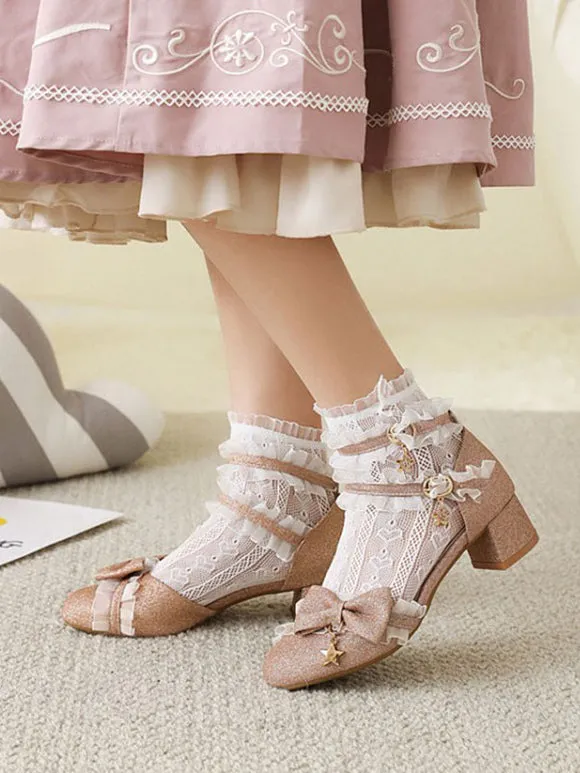 ROCOCO Style Lolita Footwear Light Sky Blue Ruffles PU Leather Chunky Heel Lolita Pumps