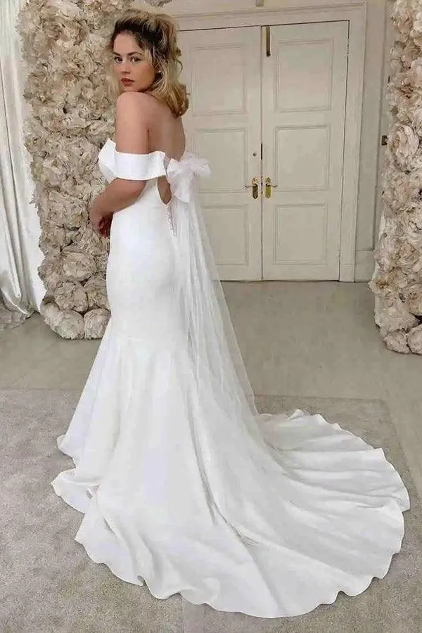 Romantic Simple Mermaid Off The Shoulder Ivory Satin Wedding Dress TN323